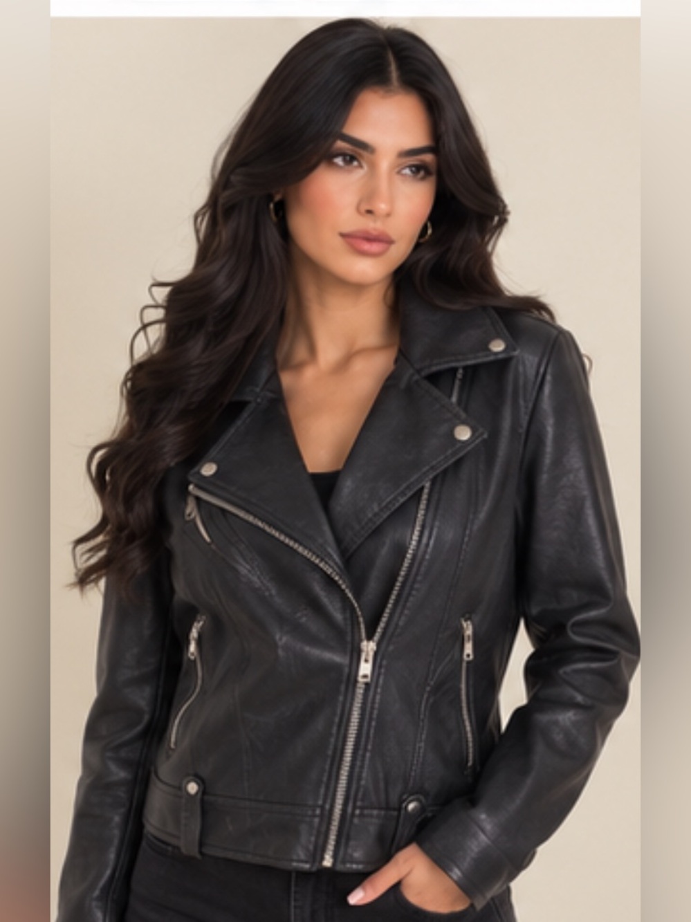Women's Black Leather Moto Jacket with Asymmetrical Zip